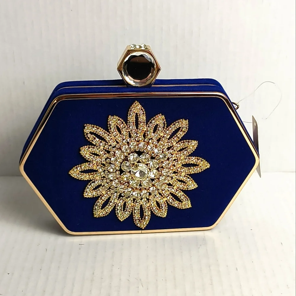 Glam Diva Satin Evening Velvet Clutch Bag Sun Diamond Rhinestone Royal Blue